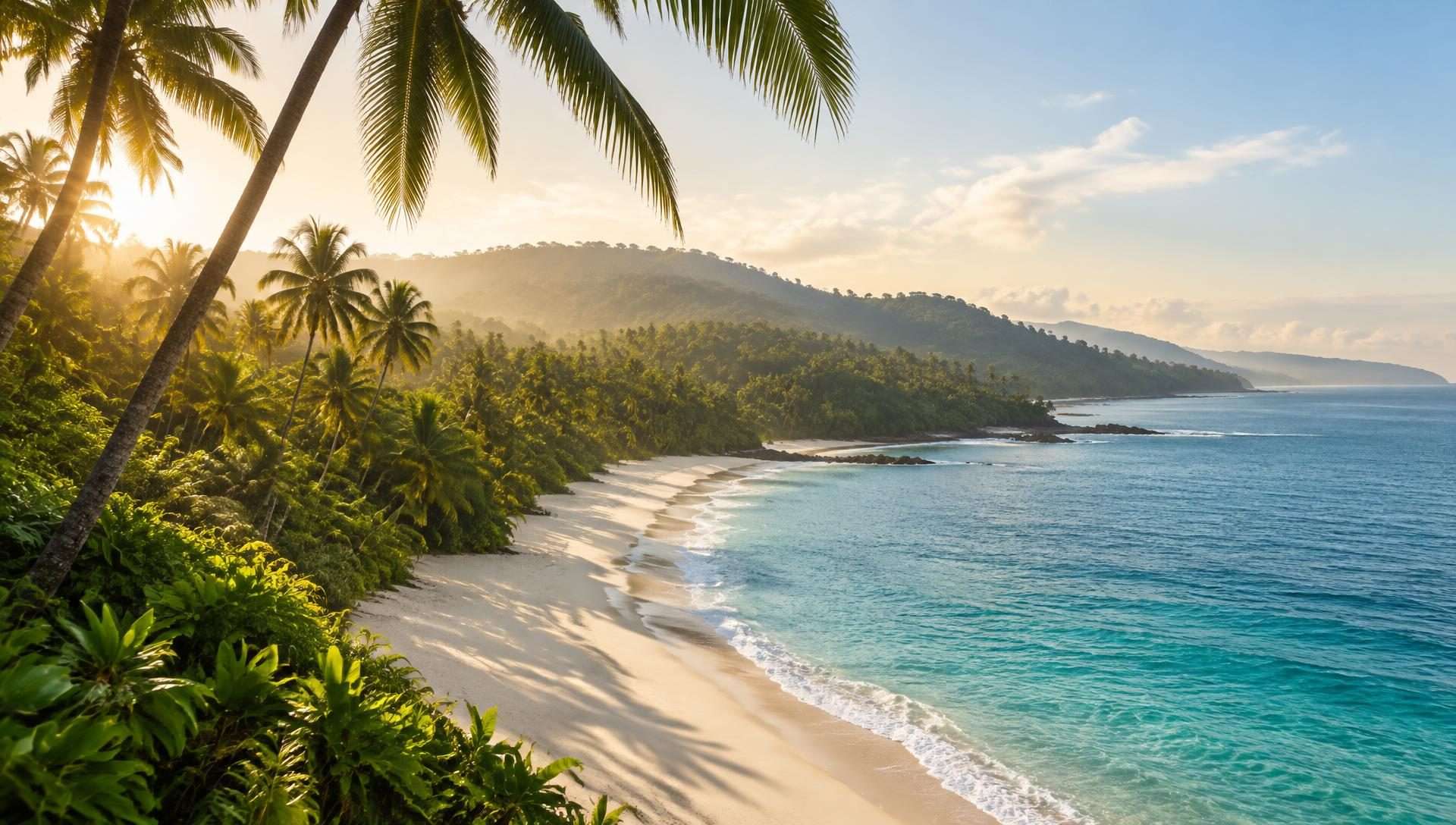 Atmospheric South Caribbean coastline with palms, jungle and sea