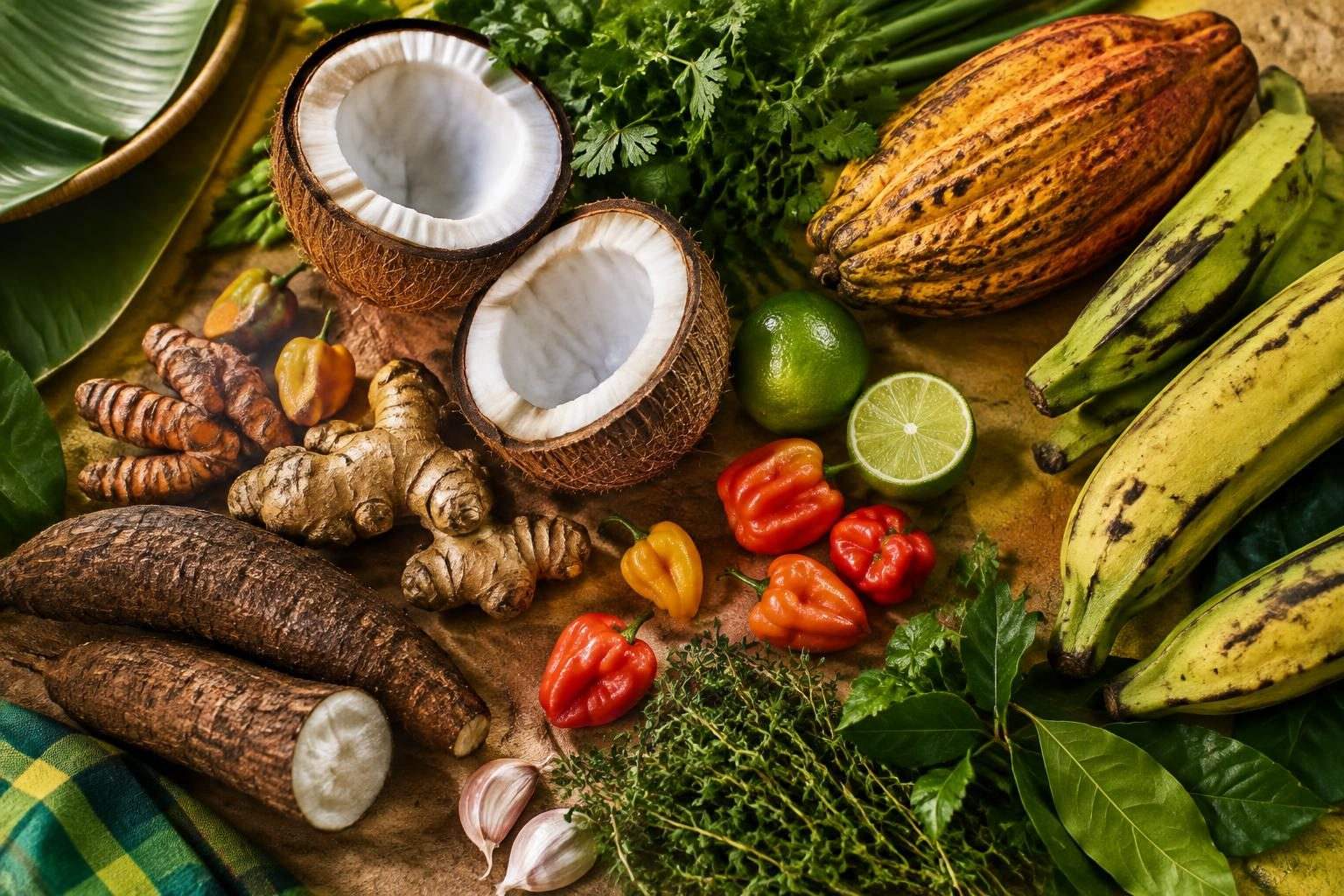 Atmospheric Caribbean ingredients: coconut, cacao, roots and herbs